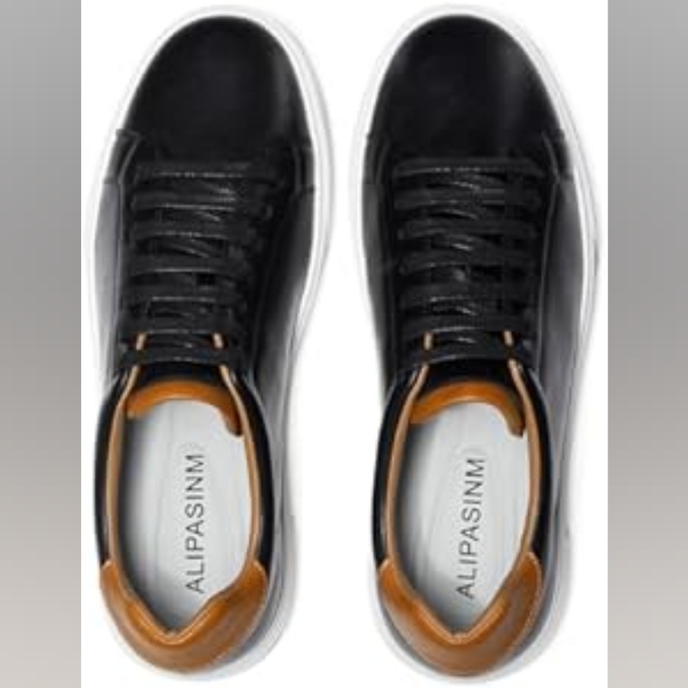 Alipasinm Men's Black Leather Business Casual Sneakers Shoes Size 13 - Picture 2 of 11